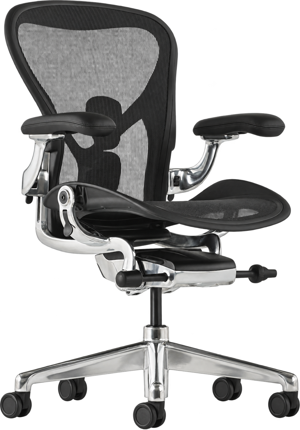 Aeron Remastered chair with black mesh and a polished aluminum frame and base