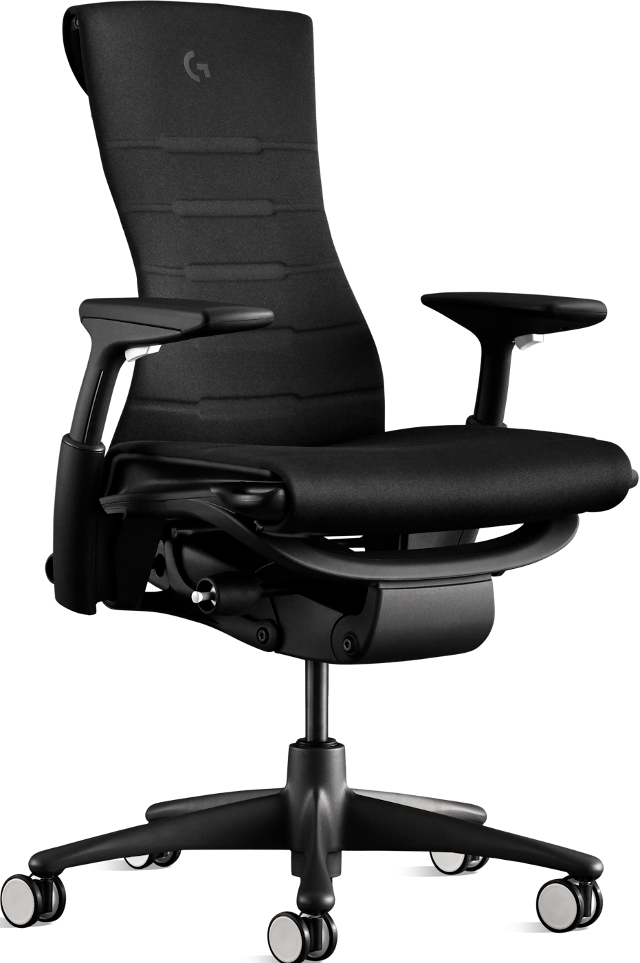 Embody Gaming chair with black upholstery, white accents, and a graphite frame